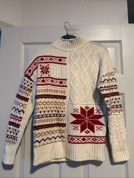 American Eagle Outfitters Sweaters - Men's Cream Turtleneck Fair Isle Sweater with Red Accents